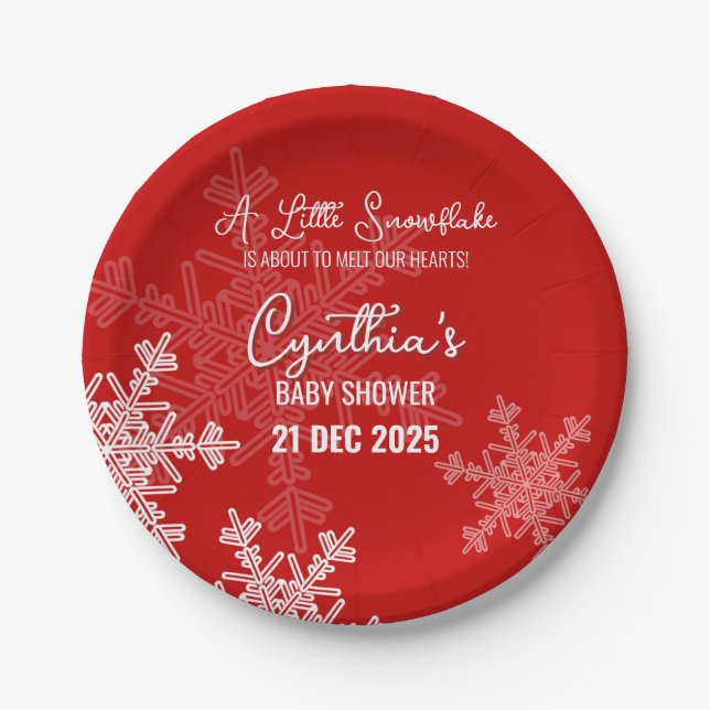 A Little Snowflake Minimalist Red Pattern  Paper Plates (Front)