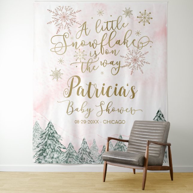 A little Snowflake Pink Baby Shower Backdrop (In Situ)