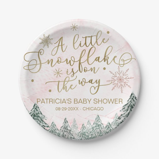A little Snowflake Pink Baby Shower Paper Plates (Front)