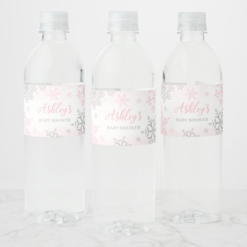 A Little Snowflake Pink Baby Shower   Water Bottle Label