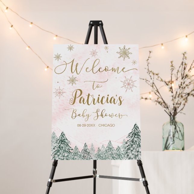 A little Snowflake Pink Baby Shower Welcome Sign (In Situ (Stand))