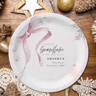 A little Snowflake Pink Bow Glitter Baby Shower Paper Plates