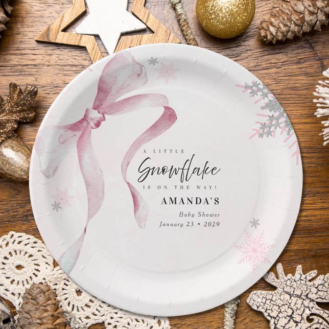 A little Snowflake Pink Bow Glitter Baby Shower  Paper Plates (Creator Uploaded)