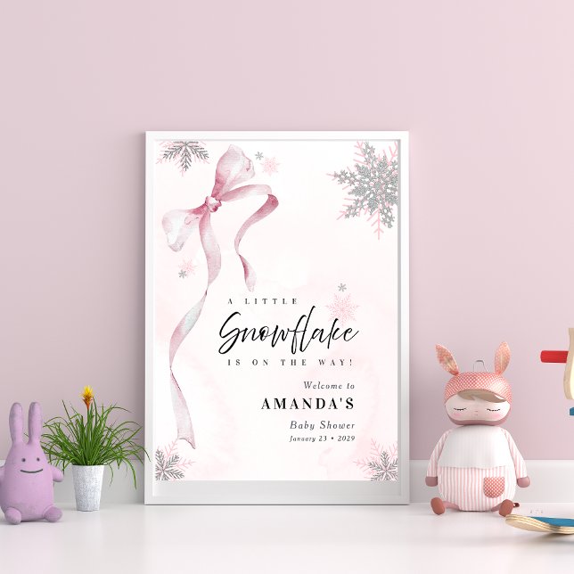 A little Snowflake Pink Bow Glitter Baby Shower Poster (Creator Uploaded)