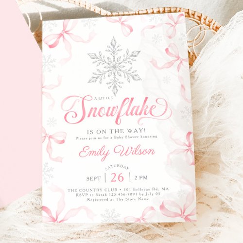 A Little Snowflake Pink Bows Baby Shower Invitation