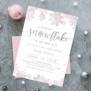 A Little Snowflake Pink Silver Winter Baby Shower Invitation