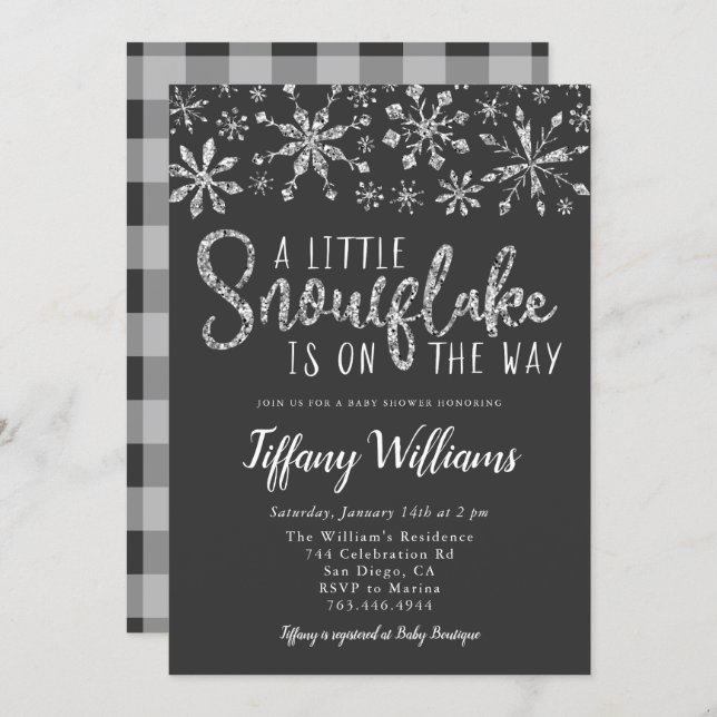 A Little Snowflake Silver Glitter Baby Shower Invitation (Front/Back)