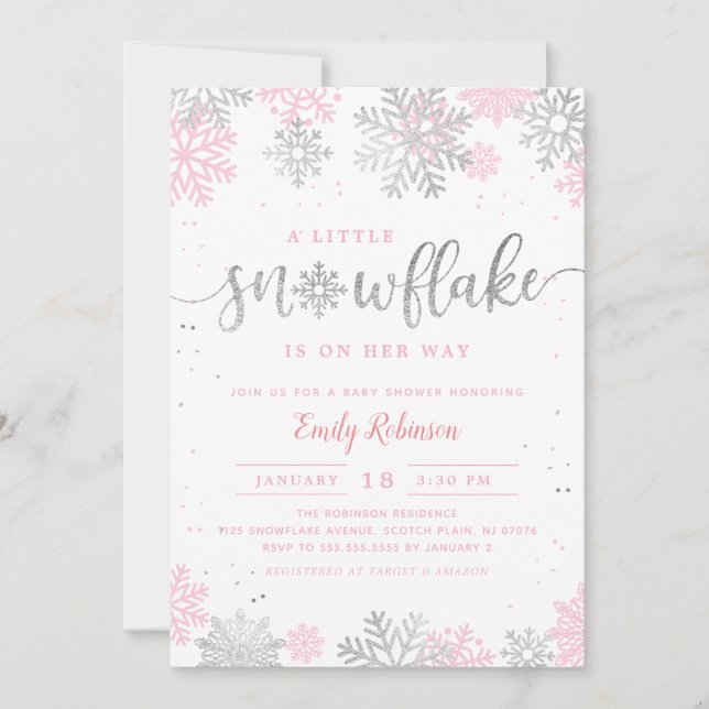 A Little Snowflake Silver Pink Winter Baby Shower Invitation (Front)