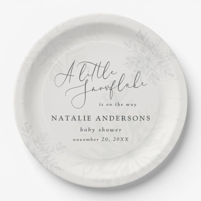 A little snowflake winter baby shower party paper plates (Front)
