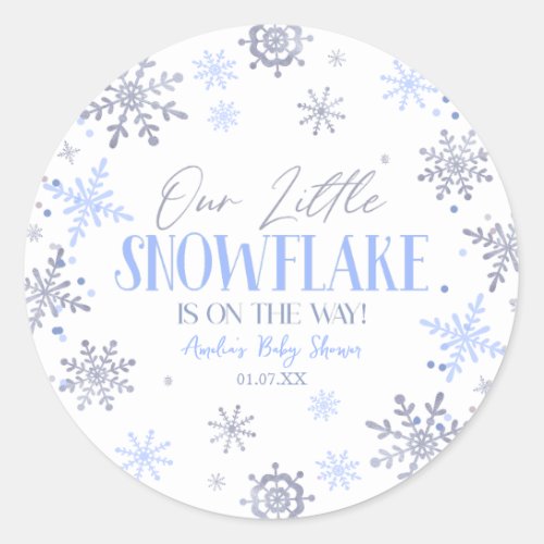 A Little Snowflake Winter Blue Baby Shower Classic Round Sticker