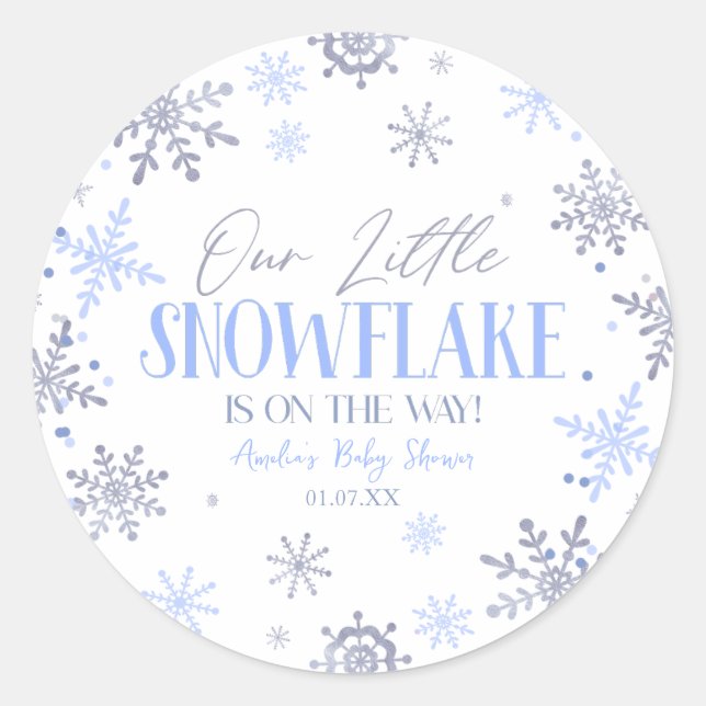 A Little Snowflake Winter Blue Baby Shower Classic Round Sticker (Front)