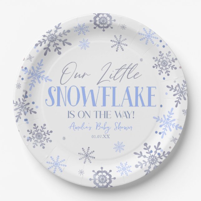 A Little Snowflake Winter Blue Baby Shower Paper Plates (Front)
