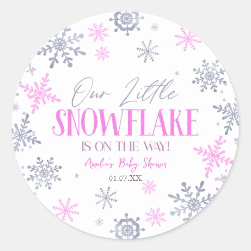 A Little Snowflake Winter Pink Baby Shower Classic Round Sticker
