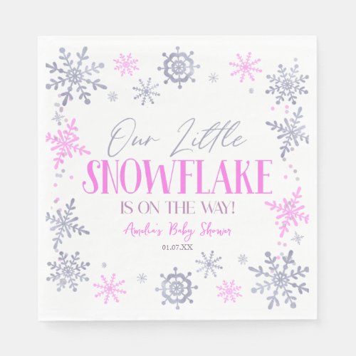 A Little Snowflake Winter Pink Baby Shower Napkins