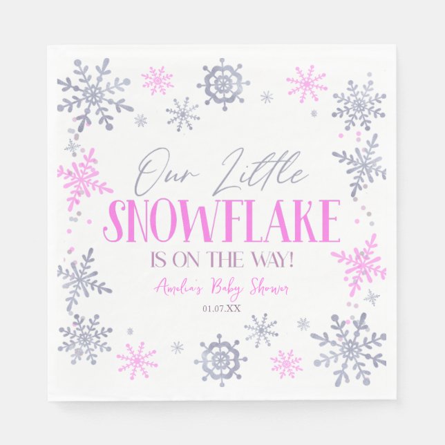 A Little Snowflake Winter Pink Baby Shower Napkins (Front)