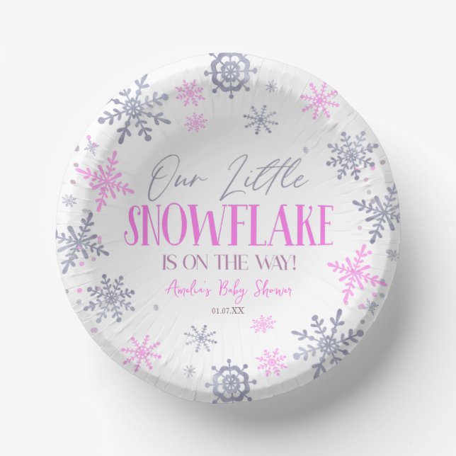 A Little Snowflake Winter Pink Baby Shower Paper Bowls (Front)