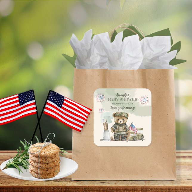 A Little Soldier Boy Teddy Bear Baby Shower Favor Square Sticker (Creator Uploaded)
