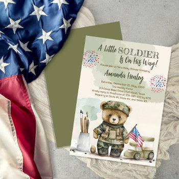 A Little Soldier Boy Teddy Bear Baby Shower Invitation by holidayhearts at Zazzle