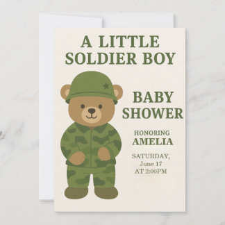 A Little Soldier Boy Teddy Bear Baby Shower Invite