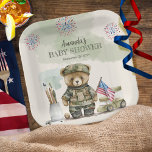 A Little Soldier Boy Teddy Bear Baby Shower Paper Plates<br><div class="desc">Cute for military families, this Baby Shower template design features a precious little teddy bear in military camo fatigues and is done in cream, olive drab in multiple tones, and brown. He's holding a U.S. flag and there are red and blue fireworks going off in the background in celebration of...</div>