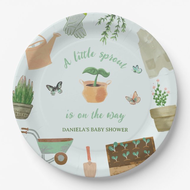 A Little Sprout Gardening Plant Baby Shower Paper Plates (Front)