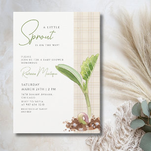 A Little Sprout Plant Brown Gingham Baby Shower Invitation