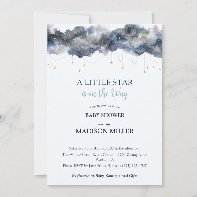 A Little Star Celestial Navy Cloud Baby Shower Invitation (Front)