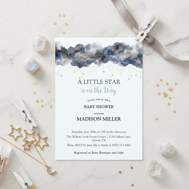 A Little Star Celestial Navy Cloud Baby Shower Invitation (A Little Star Celestial Navy Cloud Baby Shower Watercolor Invitation)