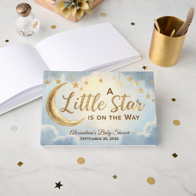 A Little Star Is on the Way Baby Shower Guest Book (Front Open)