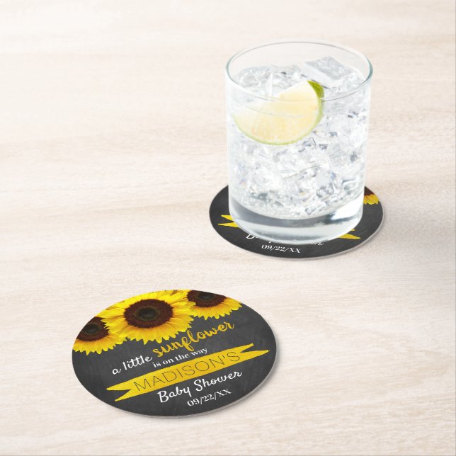 A Little Sunflower Is On The Way! Baby Shower Round Paper Coaster (Insitu)
