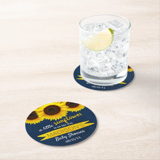 A Little Sunflower Is On The Way! Baby Shower Round Paper Coaster (Insitu)