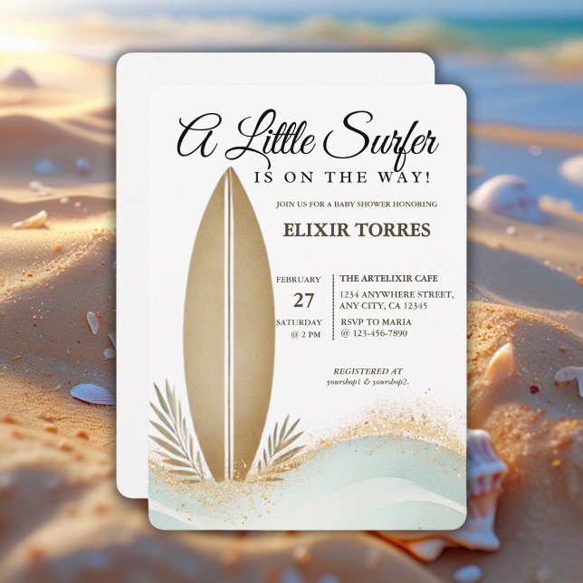 A Little Surfer Minimalist Gold Baby Shower Invitation (Creator Uploaded)