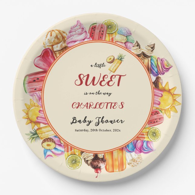 A Little Sweet Is On The Way Ice Cream Baby Shower Paper Plates (Front)