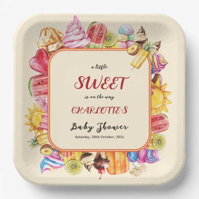 A Little Sweet Is On The Way Ice Cream Baby Shower Paper Plates (Front)