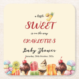 A Little Sweet Is On The Way Ice Cream Baby Shower Square Paper Coaster