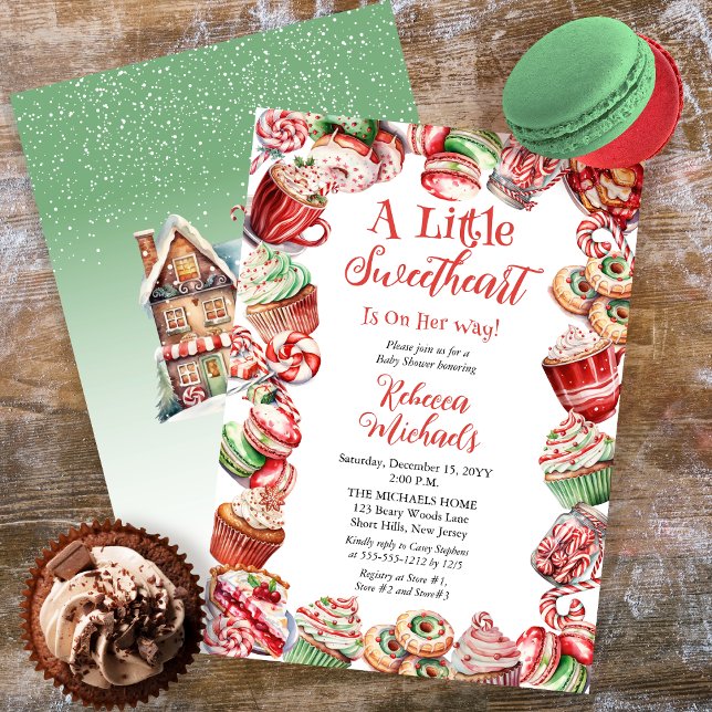 A Little Sweetheart Bakery Frame Baby Shower Invitation ("A Little Sweetheart Is On Her Way" Christmas Holiday Candy Frame Girl Baby Shower Invitation)