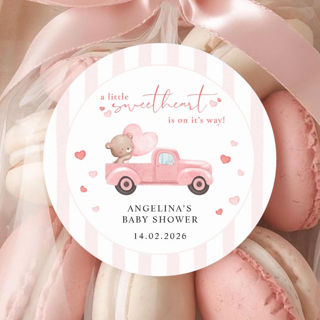 A Little Sweetheart Bear Valentine Baby Shower Classic Round Sticker (Creator Uploaded)
