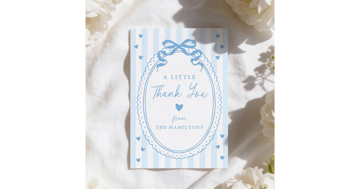 A Little Sweetheart Blue Bow Baby Shower Thank You Card | Zazzle