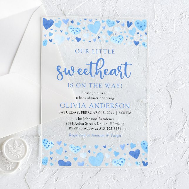 A Little Sweetheart Blue Valentine Baby Shower Acrylic Invitations (Watercolor Cute Blue Hearts A Little Sweetheart Valentine Baby Boy Acrylic Baby Shower Invitation)