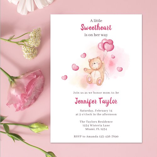 A little Sweetheart Cute Bear Pink Baby Shower Invitation