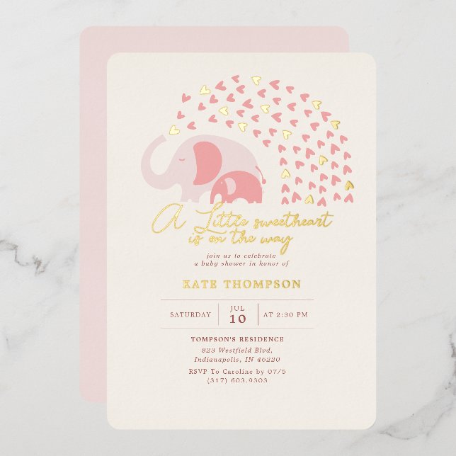A little Sweetheart Elephant Girl Baby Shower Gold Foil Invitation (Front/Back)