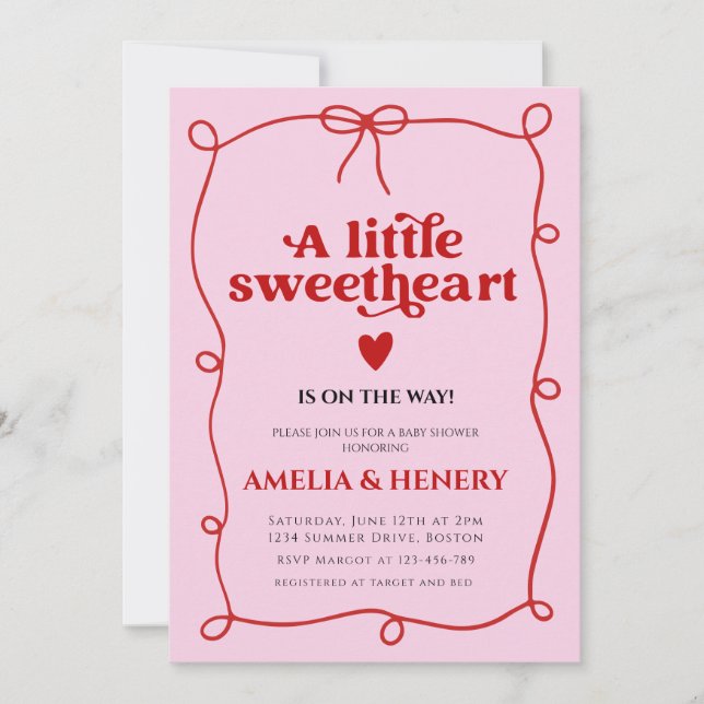 A Little Sweetheart Girl doodle Bow Baby Shower Invitation (Front)