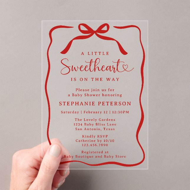 A Little Sweetheart Is On The Way Red Baby Shower Acrylic Invitations (Insitu (Handheld))
