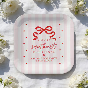 A Little Sweetheart Pink and Red Bow Baby Shower Paper Plates
