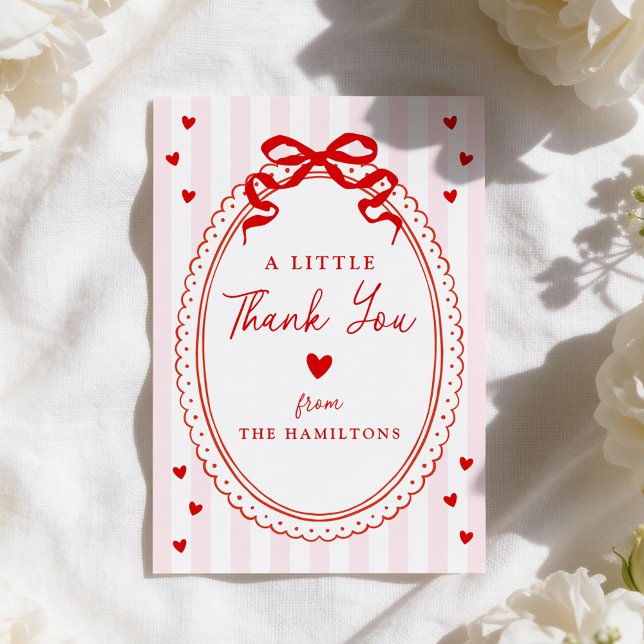A Little Sweetheart Pink and Red Bow Baby Shower Thank You Card (Creator Uploaded)