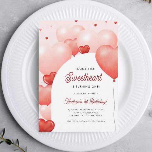 A Little Sweetheart Pink Red Balloons 1st Birthday Invitation