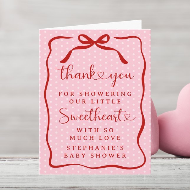 A Little Sweetheart Pink Red Bow Girl Baby Shower Thank You Card (Creator Uploaded)
