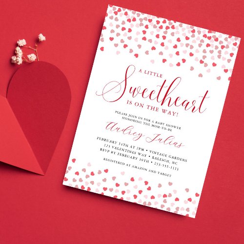 A Little Sweetheart Pink Red Hearts Baby Shower Invitation