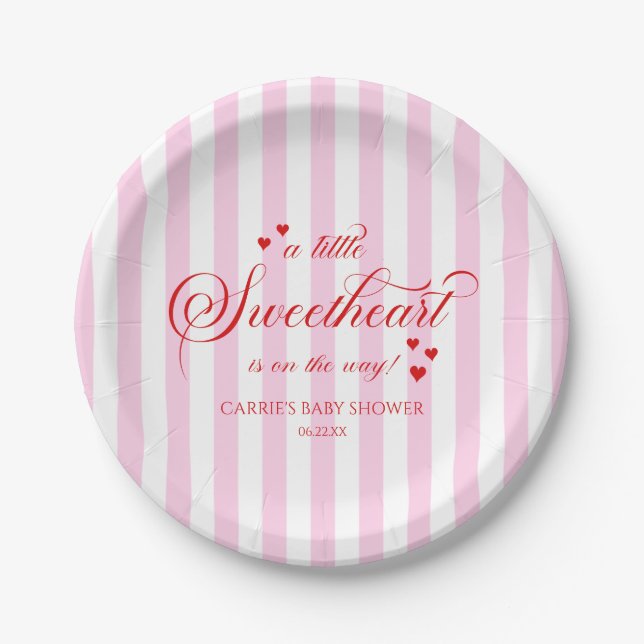 A Little Sweetheart Pink Red Hearts Baby Shower Paper Plates (Front)