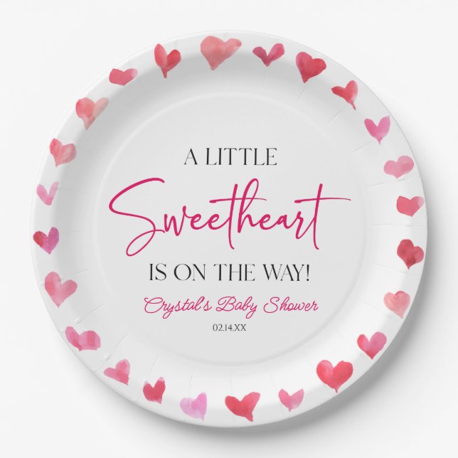 A Little Sweetheart Red Pink Hearts Baby Shower Paper Plates (Front)